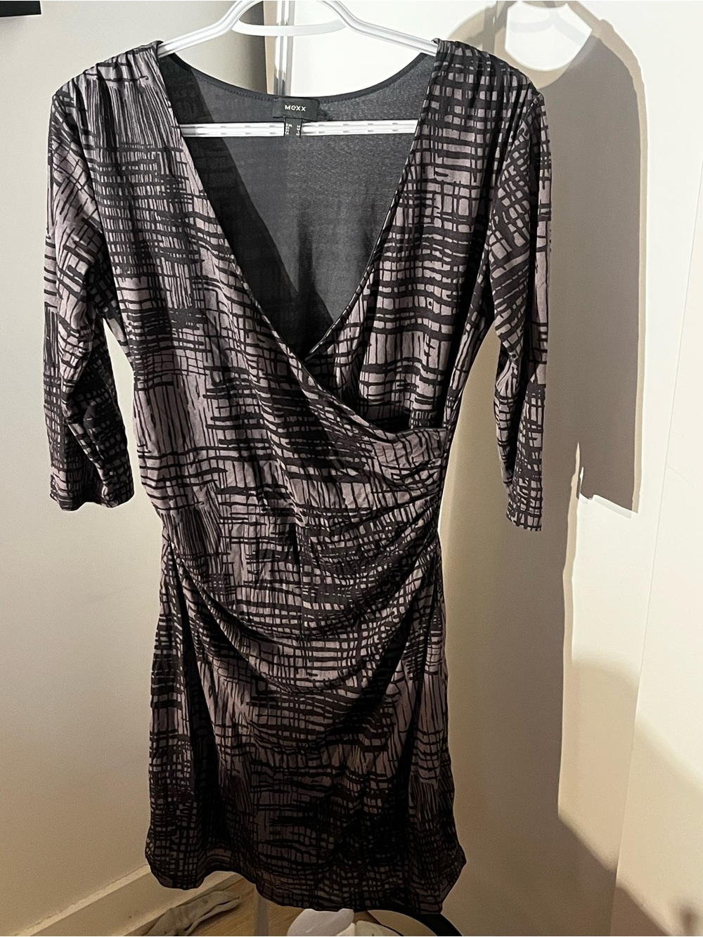 Mexx Black and Gray Abstract Ruched Wrap Dress